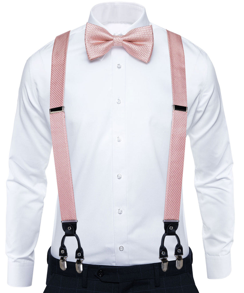 Men Fashion Pink Suspenders Bow Tie Set Leather 6 Clips Braces Elastic Silk  Suspenders Wedding Party Accessories DiBanGu