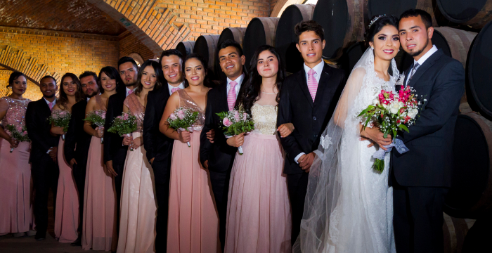 groomsmen with pink striped necktie