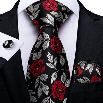 fashion black sliver red rose floral ties for wedding