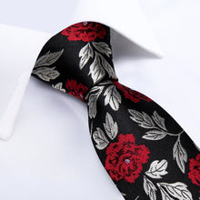wedding fashion tie design black grey red rose flower ties handkerchief cufflinks set