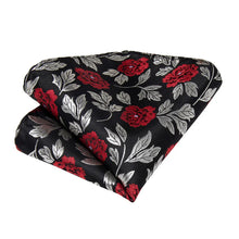 wedding fashion tie design black grey red rose flower ties handkerchief cufflinks set