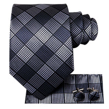 DiBanGu Men's Tie Black Grey Plaid Necktie Handkerchief Cufflinks Set