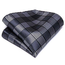 DiBanGu Men's Tie Black Grey Plaid Necktie Handkerchief Cufflinks Set