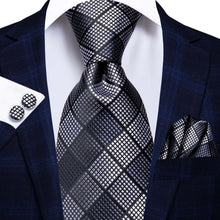 DiBanGu Men's Tie Black Grey Plaid Necktie Handkerchief Cufflinks Set