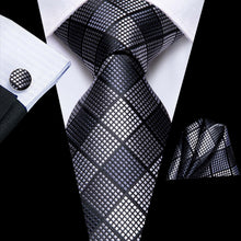 DiBanGu Men's Tie Black Grey Plaid Necktie Handkerchief Cufflinks Set