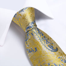 New Yellow Light Blue Floral Tie Pocket Square Cufflinks Set (4601451511889)