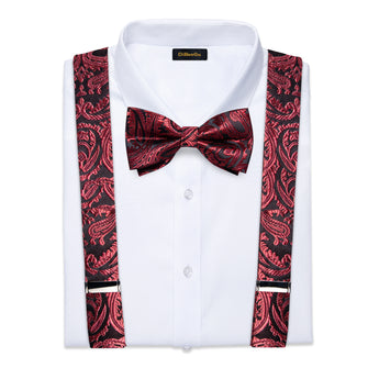 Black Claret Floral Brace Clip-on Men's Suspender with Bow Tie Set