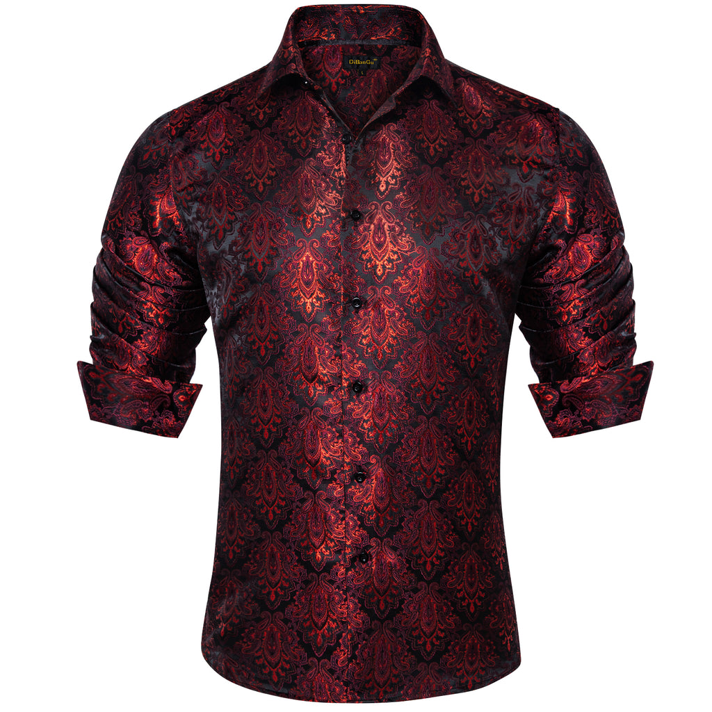 Dibangu Suit Shirt Jacket Black Red Floral Silk Men's Button Up Shirt ...