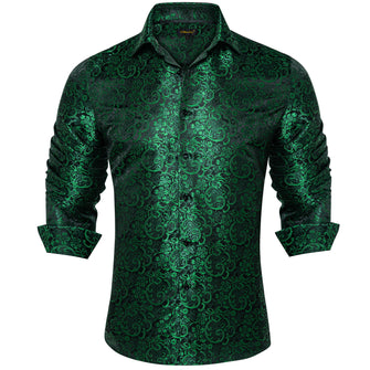 silk mens button down long sleeve floral dark green dress shirt