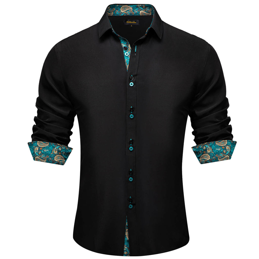 DiBanGu Men's Shirt Black Solid Teal Paisley Splicing Silk Shirt ...