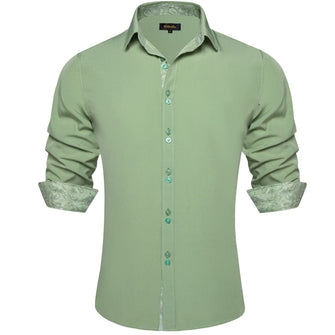 Fashion Long Sleeve Shirt Solid Sage Green Splicing Silk Button Down Shirt