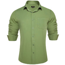 Business Dress Shirt Dark Sea Green Solid Men's Silk Long Sleeve Shirt