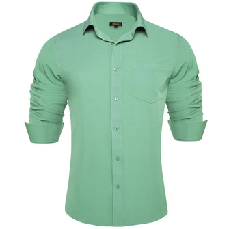 Mint Green Solid Silk Button Down Shirt for Men Long Sleeve Shirt