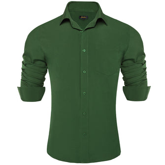 Dark Olive Green Solid Silk Long Sleeve Button Up Dress Shirt