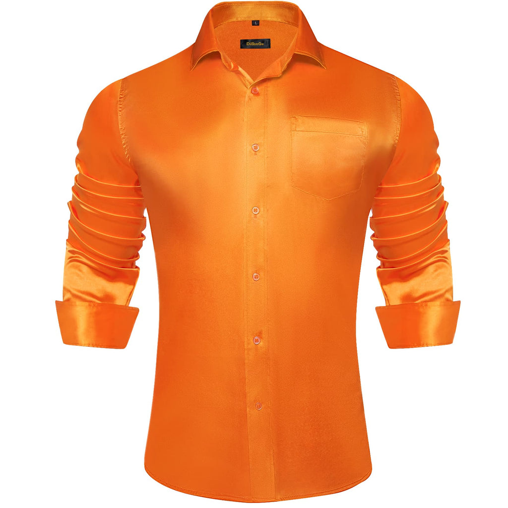 Dibangu Long Sleeve Shirt Orange Solid Silk Satin Mens Dress Shirt ...