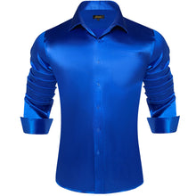 fashion bright blue satin solid button down long sleeve luxury silk shirts