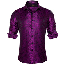 fashion long sleeve button up shirts silk mens deep purple paisley shirts