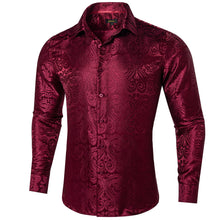 fashion wedding button down Burgundy Red paisley mens silk dress shirts