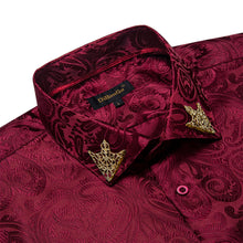 fashion wedding button down Burgundy Red paisley mens silk dress shirts with mens lapel pin