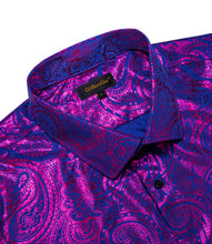 DiBanGu Deep Purple Blue Paisley Hot Stamping Button Up Long Sleeve Shirt for Men