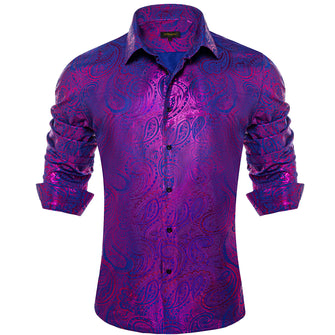 DiBanGu Deep Purple Blue Paisley Hot Stamping Button Up Long Sleeve Shirt for Men