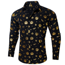 DiBanGu Black Gold Jack-o'-Lantern Stamping Button Up Long Sleeve Shirt for Men