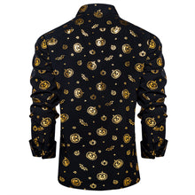 DiBanGu Black Gold Jack-o'-Lantern Stamping Button Up Long Sleeve Shirt for Men