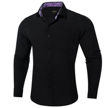 DiBanGu Black Solid Splicing Orchid Purple Paisley Silk Mens Long Sleeve Shirt