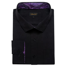 DiBanGu Black Solid Splicing Orchid Purple Paisley Silk Mens Long Sleeve Shirt