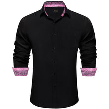 DiBanGu Black Solid Splicing Pink Paisley Silk Mens Long Sleeve Shirt