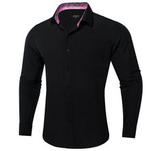 DiBanGu Black Solid Splicing Pink Paisley Silk Mens Long Sleeve Shirt