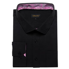 DiBanGu Black Solid Splicing Pink Paisley Silk Mens Long Sleeve Shirt