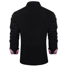 DiBanGu Black Solid Splicing Pink Paisley Silk Mens Long Sleeve Shirt