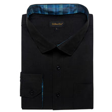 DiBanGu Black Solid Splicing Deep Teal Plaid Silk Mens Long Sleeve Shirt