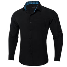 DiBanGu Black Solid Splicing Deep Teal Plaid Silk Mens Long Sleeve Shirt