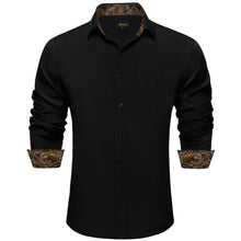 DiBanGu Black Solid Splicing Gold Paisley Silk Mens Long Sleeve Shirt