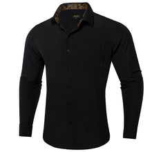 DiBanGu Black Solid Splicing Gold Paisley Silk Mens Long Sleeve Shirt