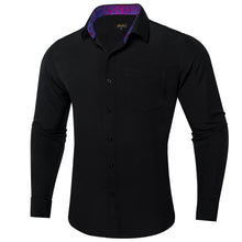 DiBanGu Black Solid Splicing Blue Paisley Silk Mens Long Sleeve Shirt