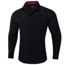 DiBanGu Black Solid Splicing Burgundy Paisley Silk Mens Long Sleeve Shirt