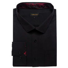 DiBanGu Black Solid Splicing Burgundy Paisley Silk Mens Long Sleeve Shirt