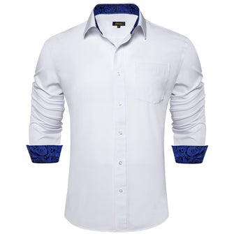 DiBanGu White Solid Splicing Blue Paisley Silk Mens Long Sleeve Shirt