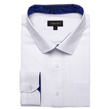 DiBanGu White Solid Splicing Blue Paisley Silk Mens Long Sleeve Shirt