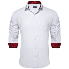 DiBanGu White Solid Splicing Dark Red Paisley Silk Mens Long Sleeve Shirt