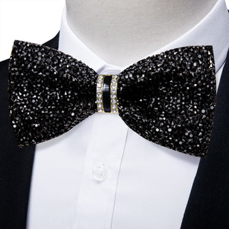 Imitation Rhinestone Diamond Classic Pure Black Bow Ties for Men Adjustable Length Pre-tied Bowtie for Fashion Party or Wedding