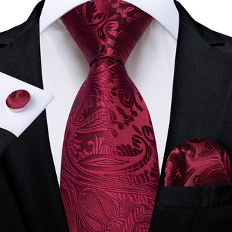 Burgundy red paisley silk tie set with mens tie clip for suit dress