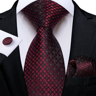 Burgundy red plaid silk mens tie set for business suit