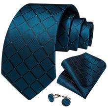 Dress Tie Deep Teal Plaid Men's Silk Tie Pocket Square Cufflinks Set