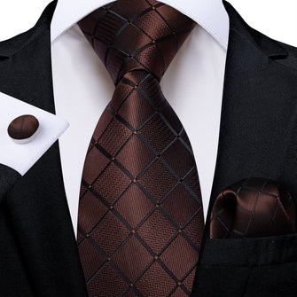 deep brown plaid silk mens tie handkerchief cufflinks set