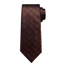 deep brown plaid silk mens tie handkerchief cufflinks set