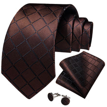 deep brown plaid silk mens tie handkerchief cufflinks set